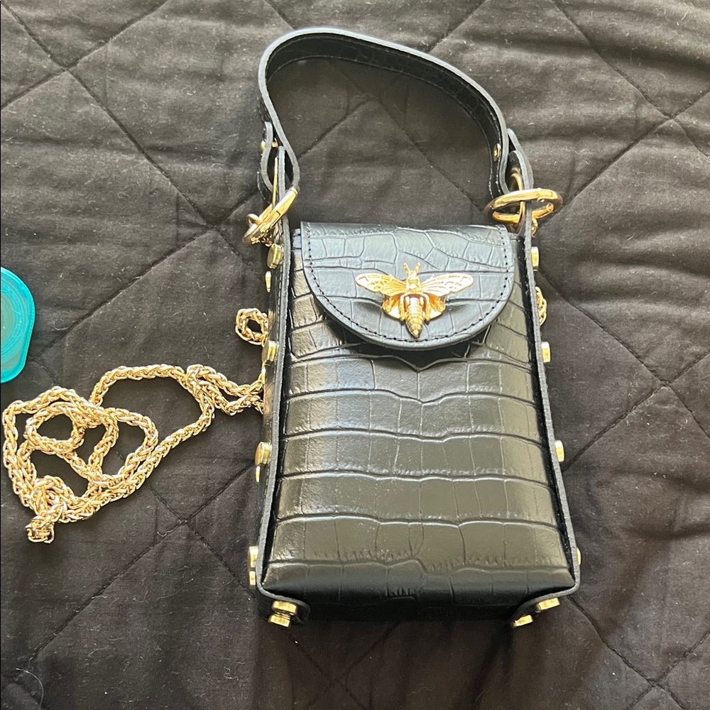 Black Croc-Embossed Bag with Gold Accents